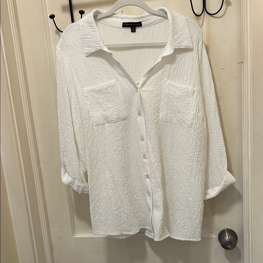 Adrienne Vittadini White Textured Button-Down Shirt